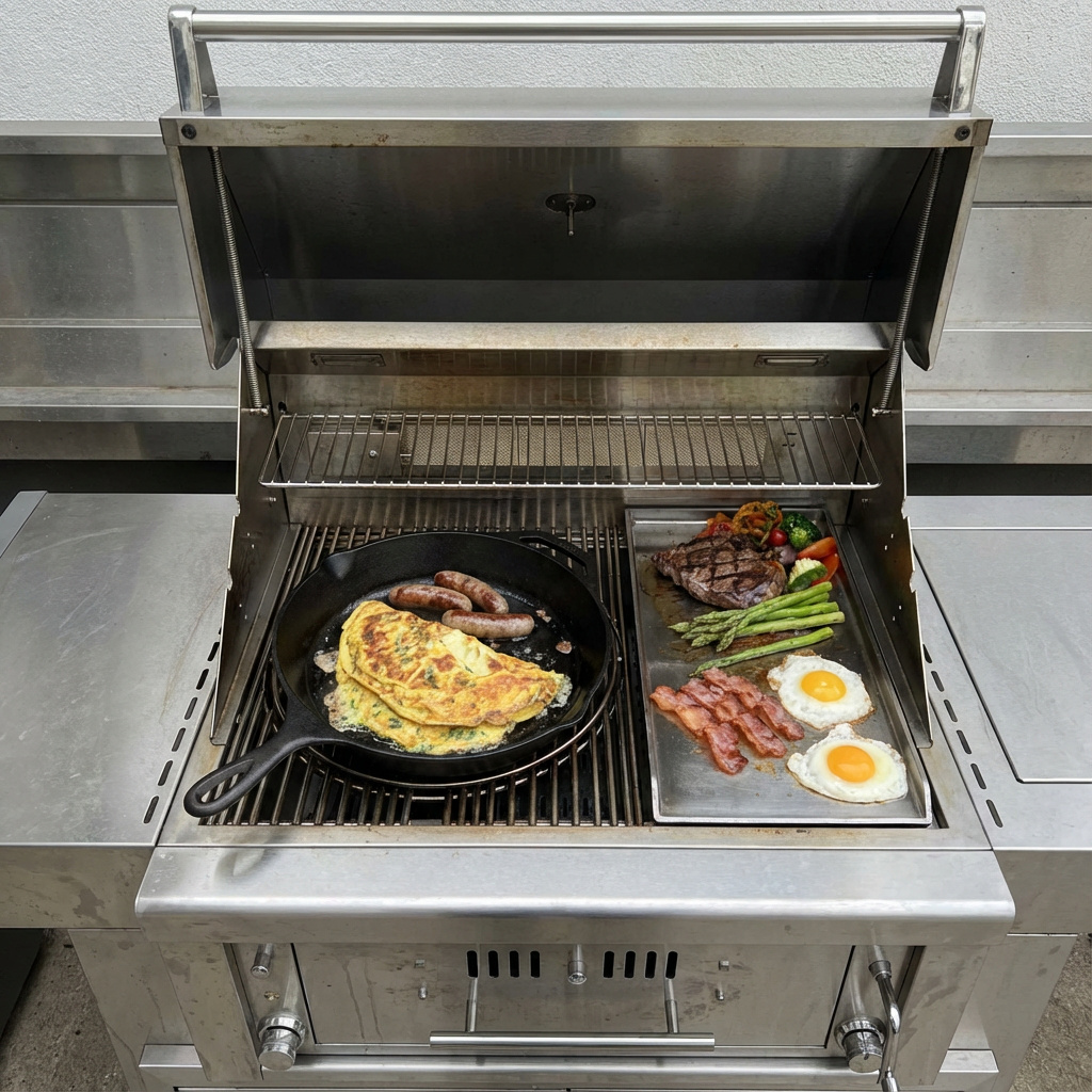 Skillet omelette and griddle breakfast on a True-Hybrid