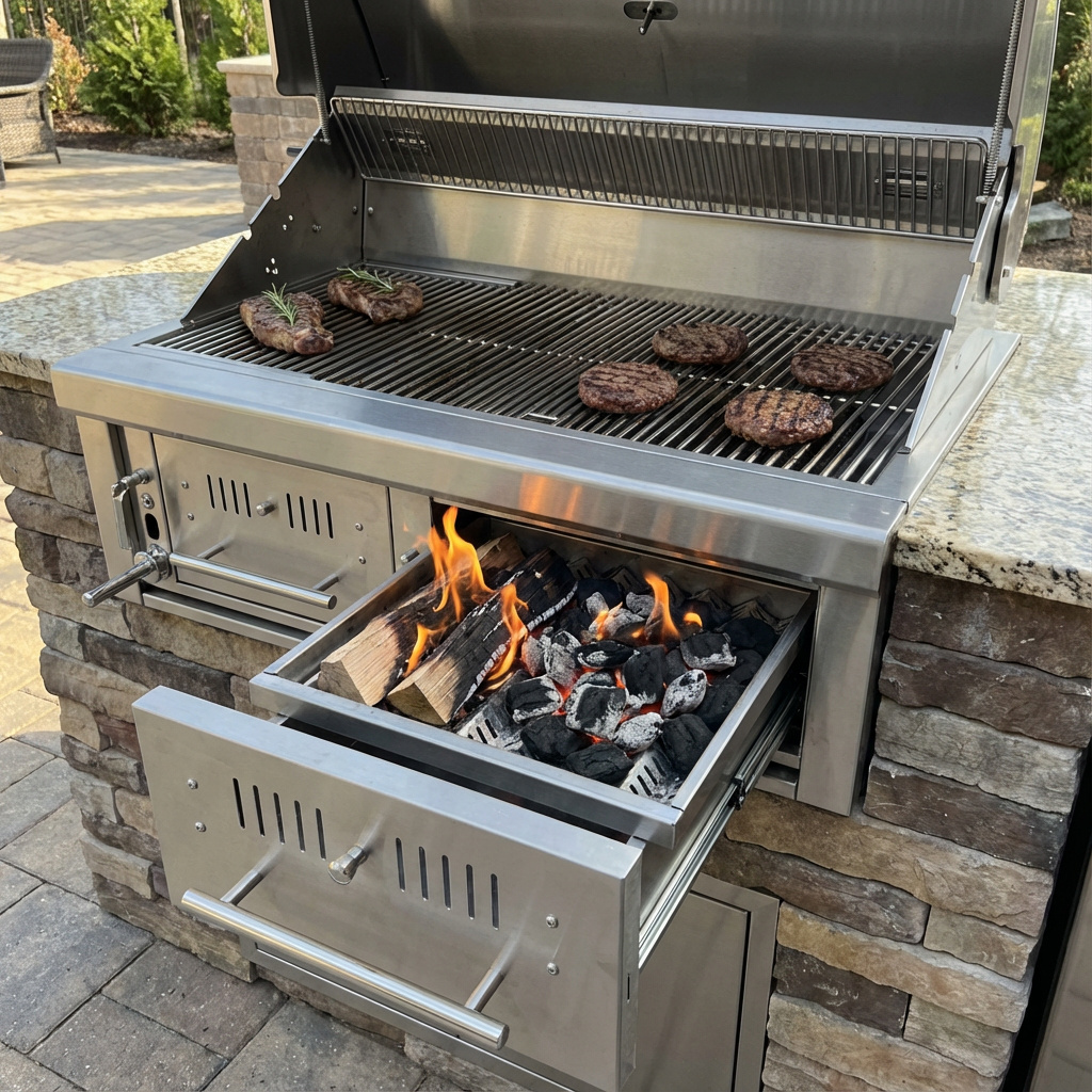 Charcoal Lift Drawer open with wood logs and coals