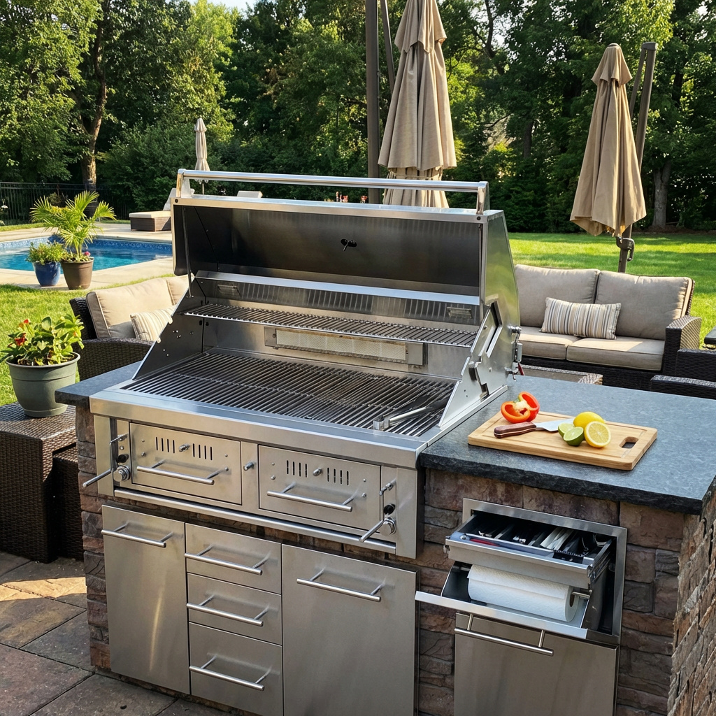 True-Hybrid built into a stone outdoor kitchen by the pool