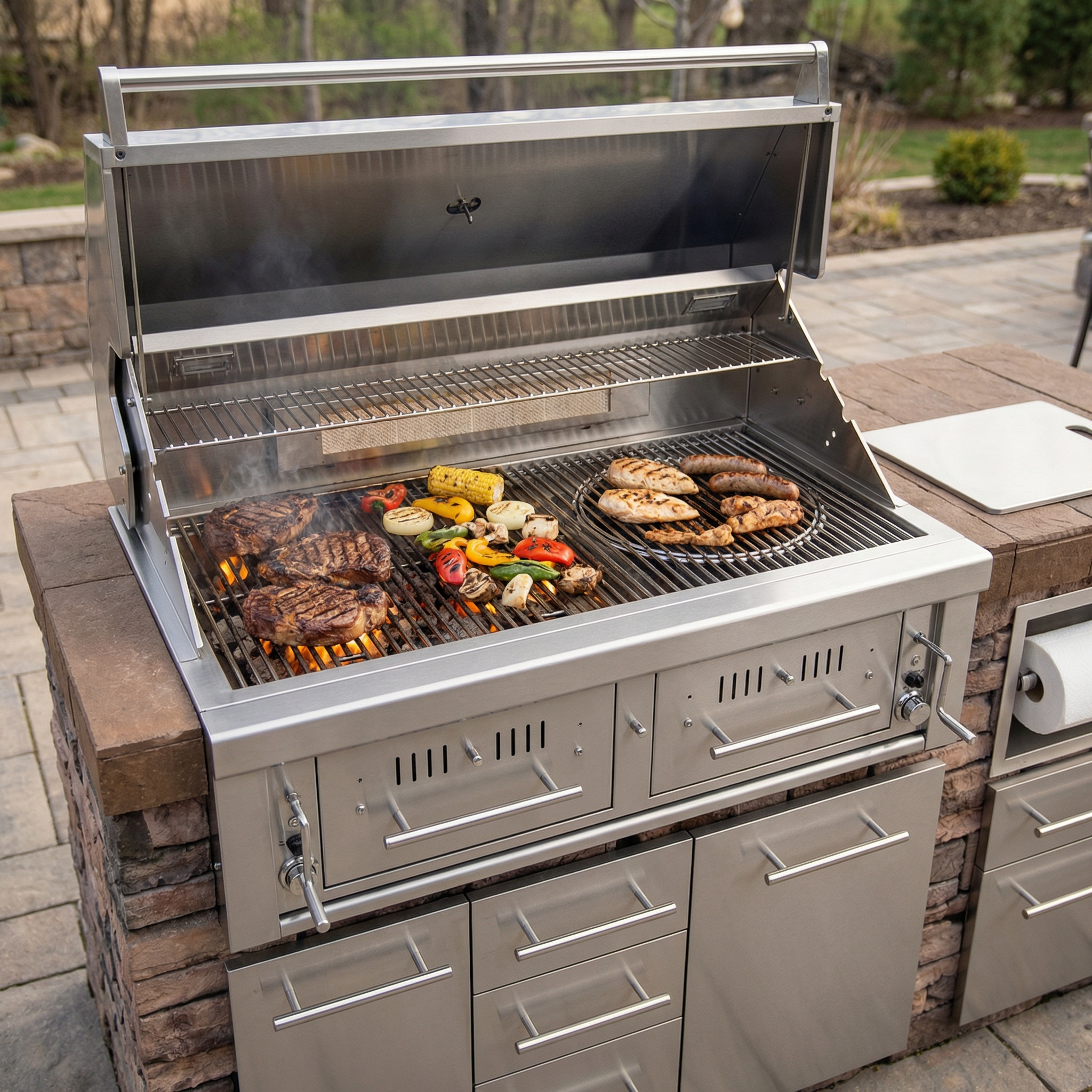 Steaks, vegetables, and chicken cooking on a True-Hybrid
