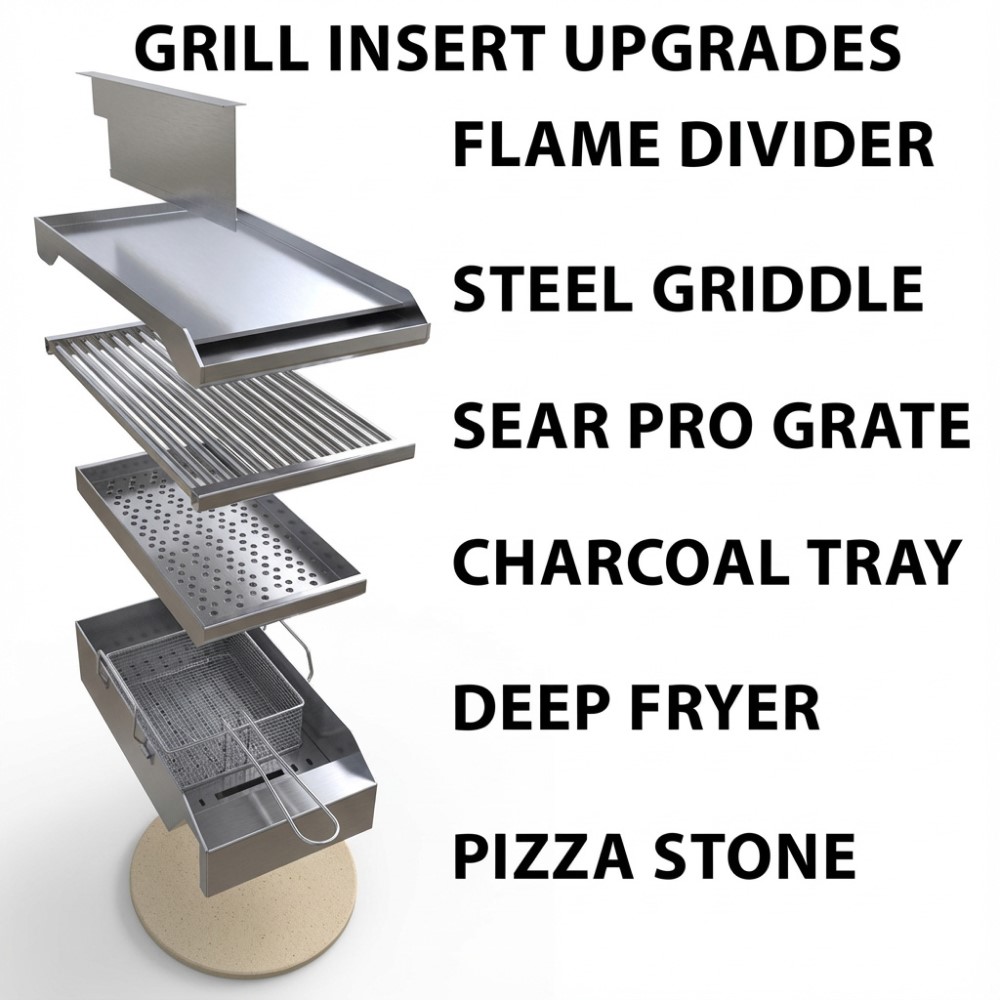 Ruby Grill Insert Upgrades — Flame Divider, Steel Griddle, Sear Pro Grate, Charcoal Tray, Deep Fryer, Pizza Stone