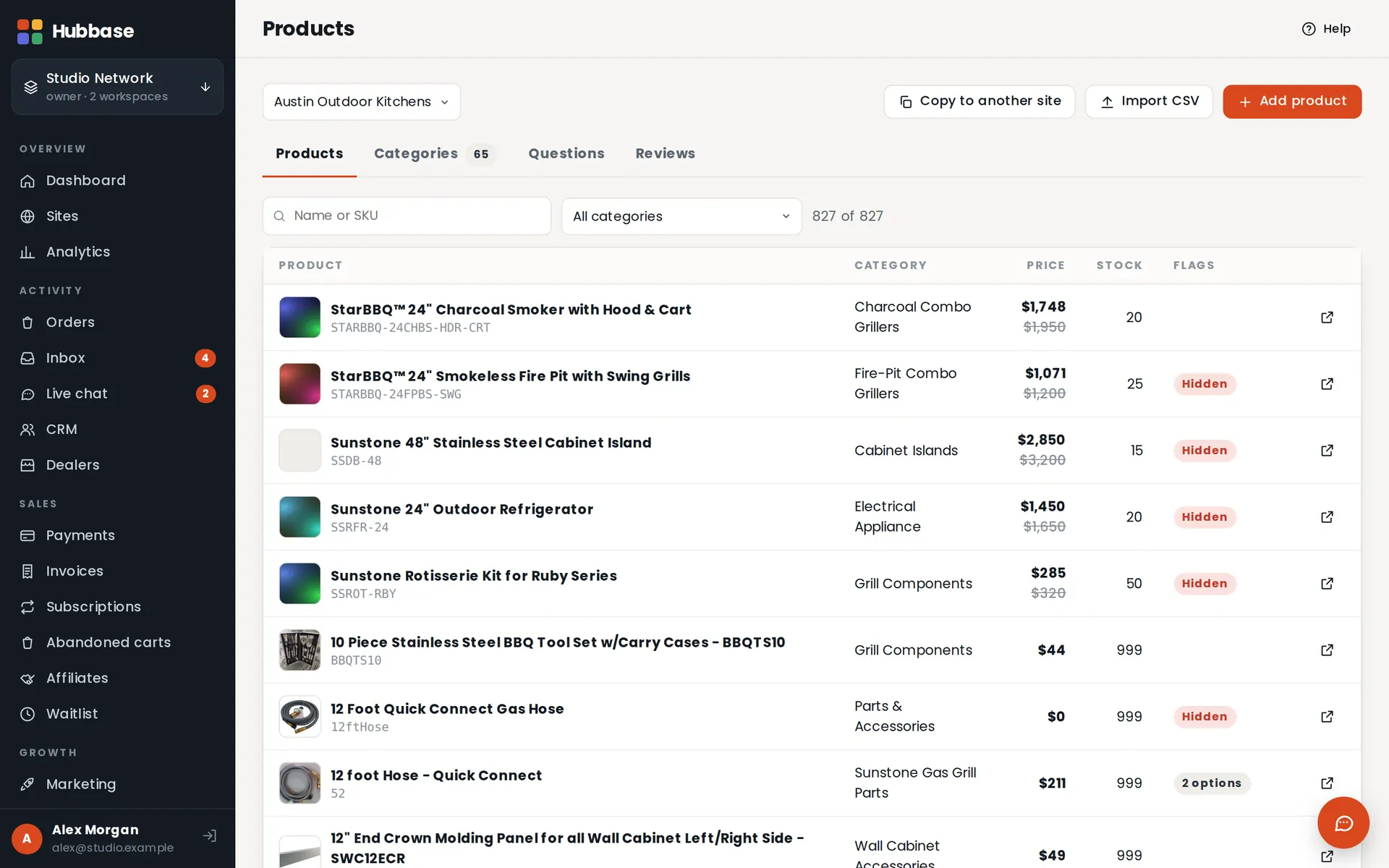 Stores & products in Hubbase